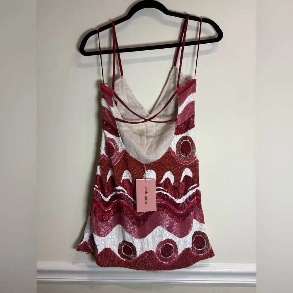 CULT GAIA Sasha Beaded Multi Wave Print Mini Dress Pink Red NWT Small - Picture 8 of 14